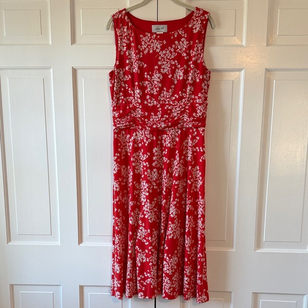 Jessica H Red White Floral Fit Flare Sleeveless Knit Midi Dress Size 12